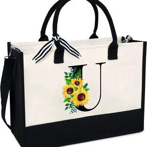 Sunflower Canvas Tote Bag Women with Zipper Pocket Large Capacity Durable